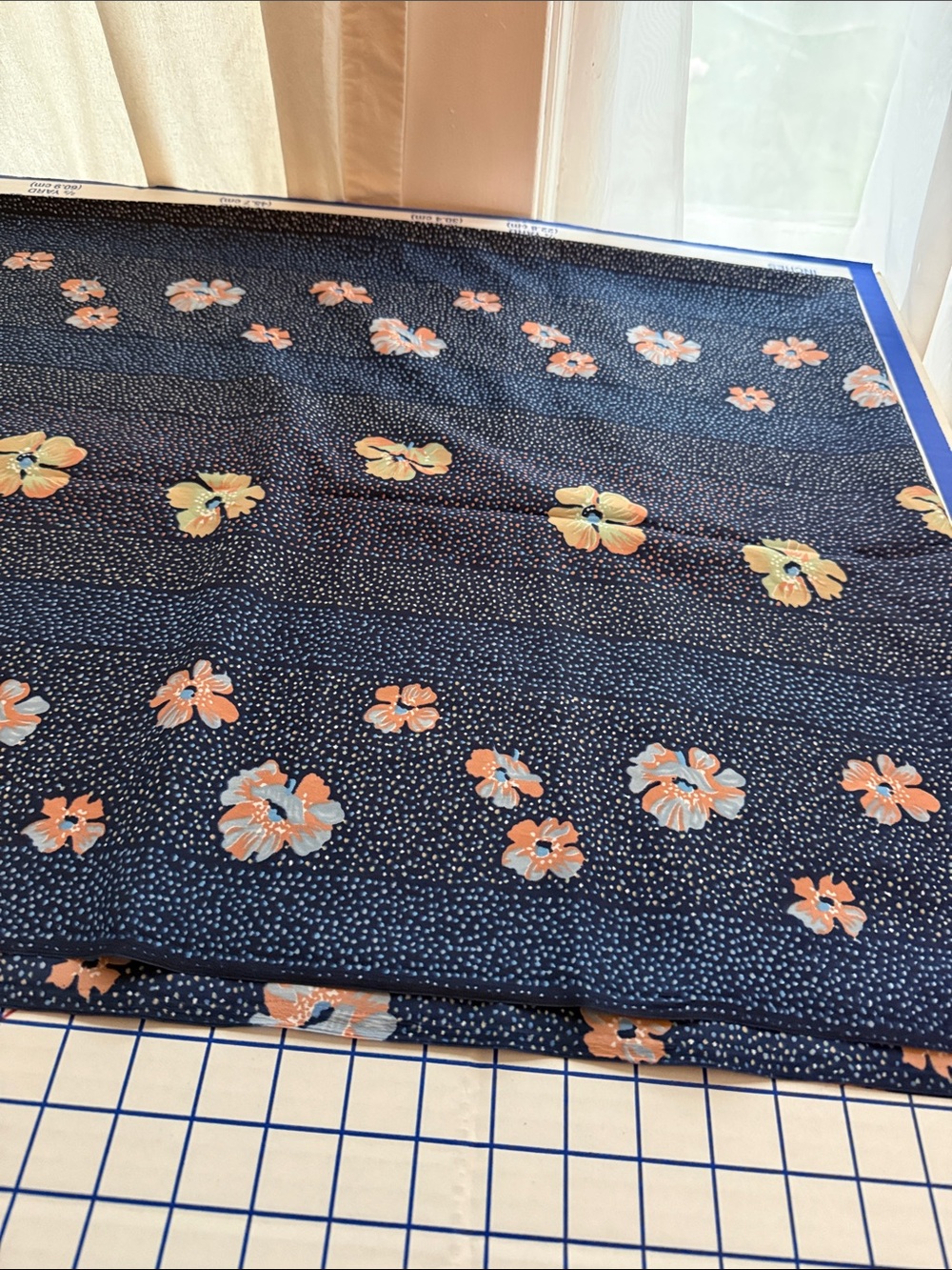 Vintage 1980s Floral Dot Stripe Fabric Navy Peach Blue 5 Yards x 44” Apparel - Picture 5 of 11